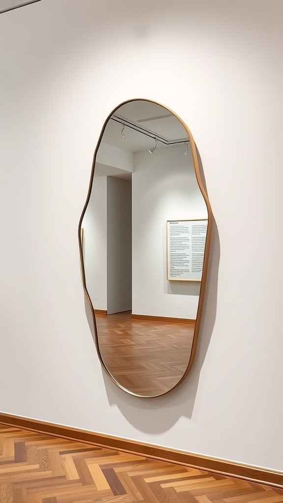 A sculptural wall mirror with a unique shape and wooden frame, hanging on a light wall.