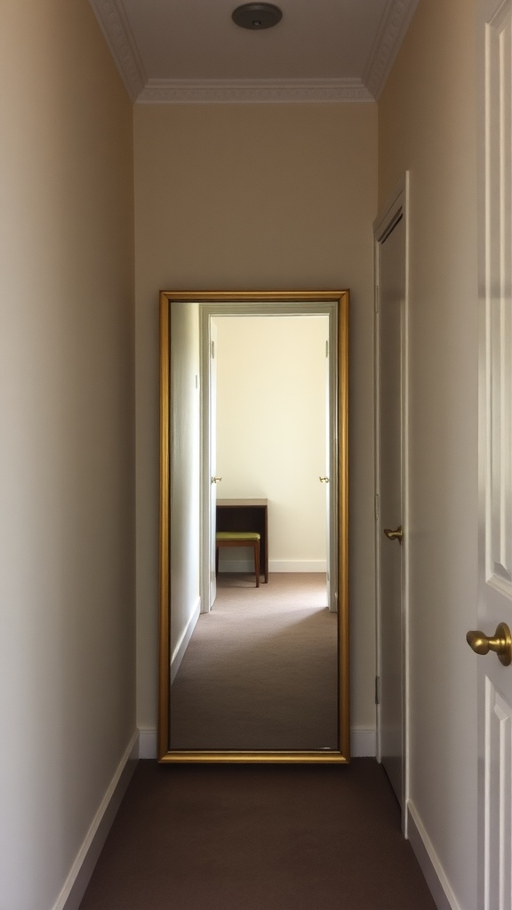A large framed mirror in a hallway reflecting light and space.
