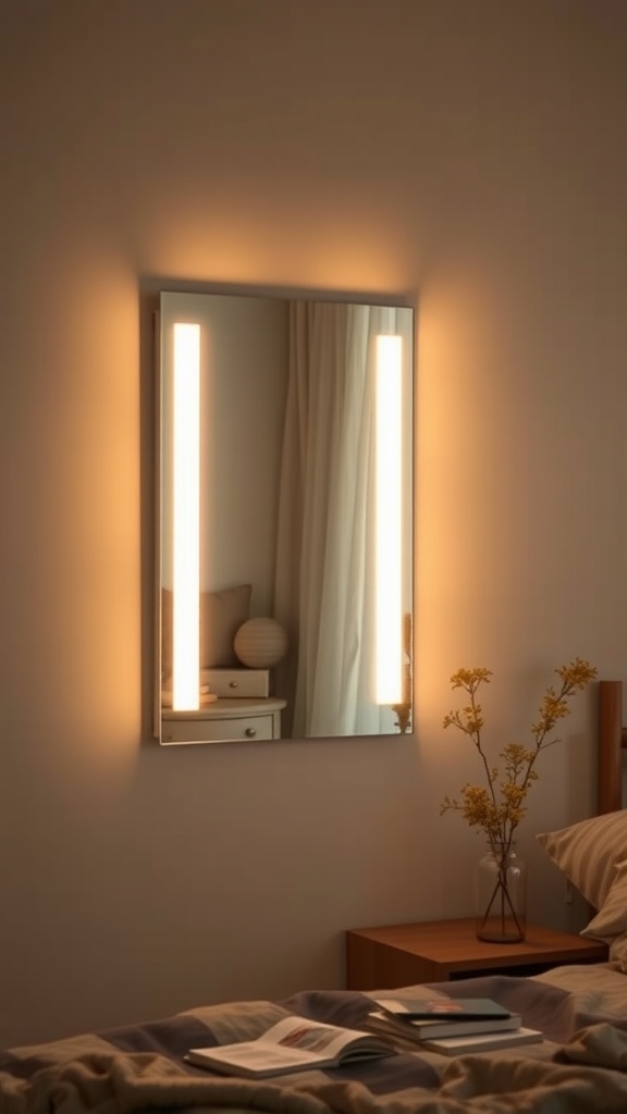 A wall mirror with LED lighting illuminating a cozy bedroom setting.