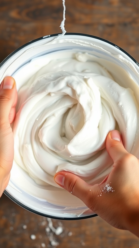 A bowl of fluffy slime being mixed by hands.