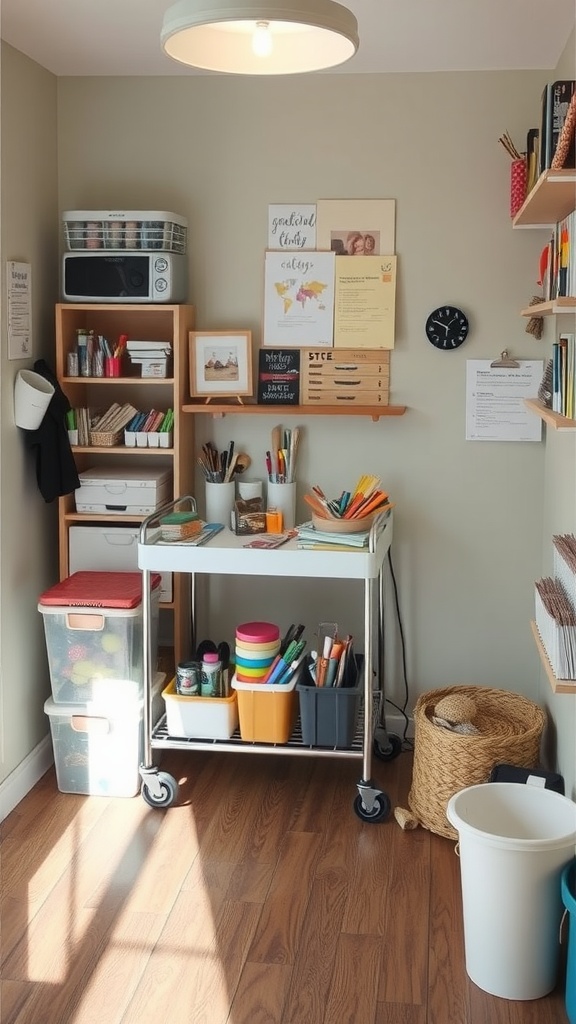 A cozy craft room featuring a mobile craft station with colorful supplies.