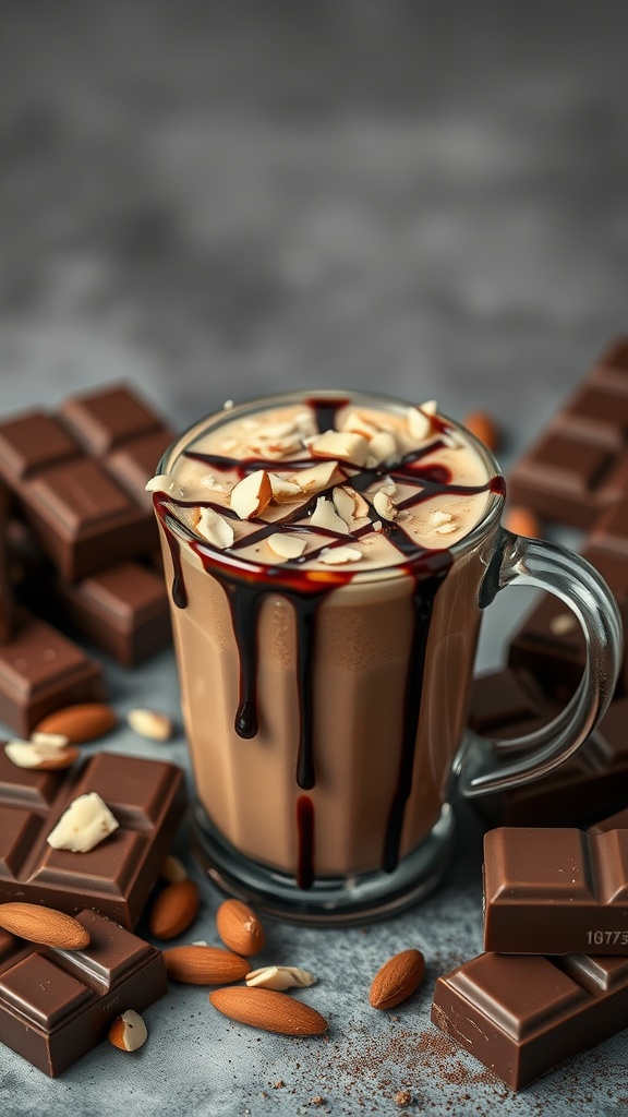 A delicious cup of mocha almond coffee topped with whipped cream, chocolate syrup, and almond slices surrounded by chocolate bars and almonds.