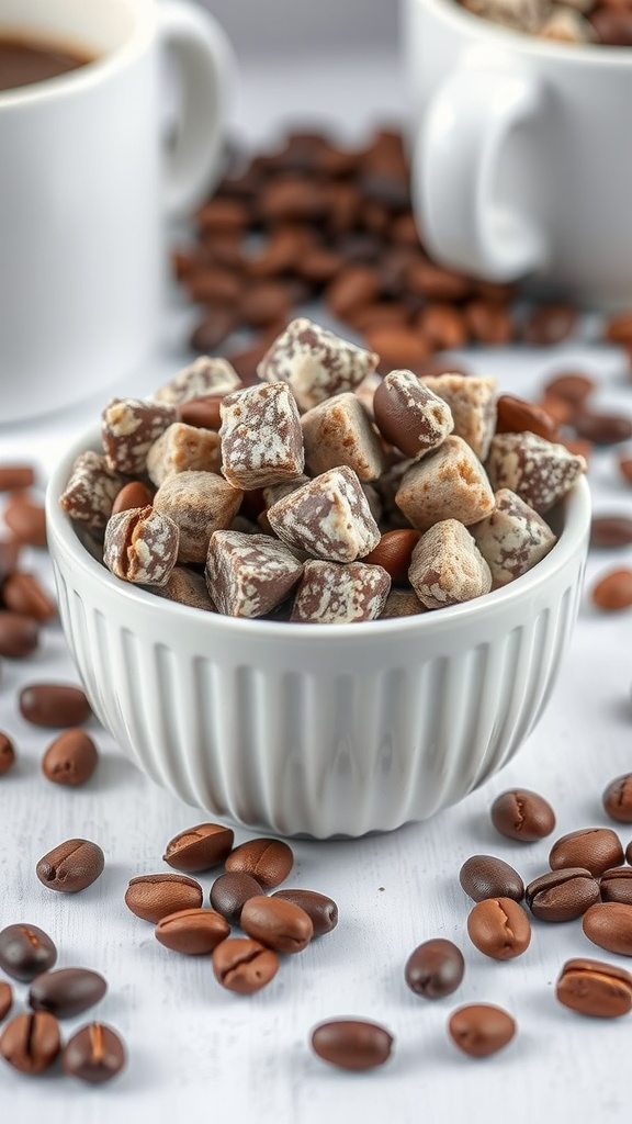 A bowl of mocha muddy buddies made with chocolate and coffee.