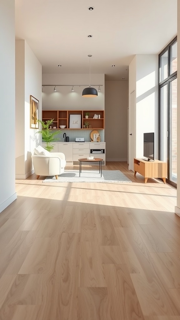 A bright, modern living room with minimalist decor and wooden flooring.