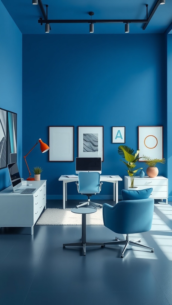 A modern office space with blue walls, white furniture, and a stylish chair.