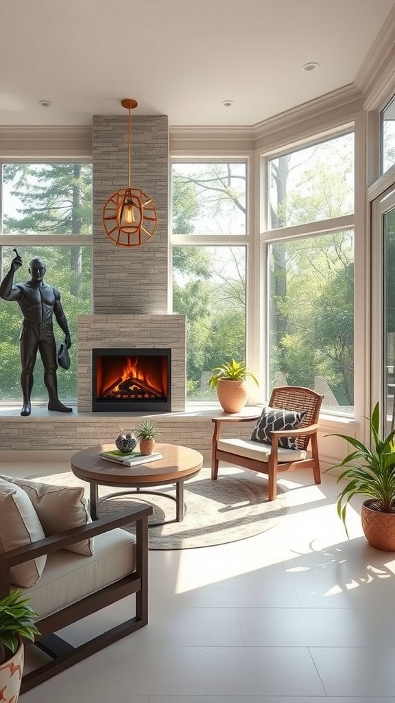 Cozy small sunroom featuring a modern fireplace with a stylish design