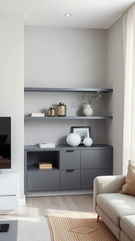 A modern minimalist corner shelf with simple decor items.