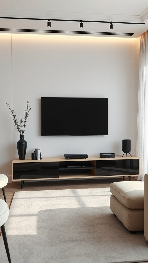 A modern minimalist entertainment center with a TV, stylish furniture, and natural light.