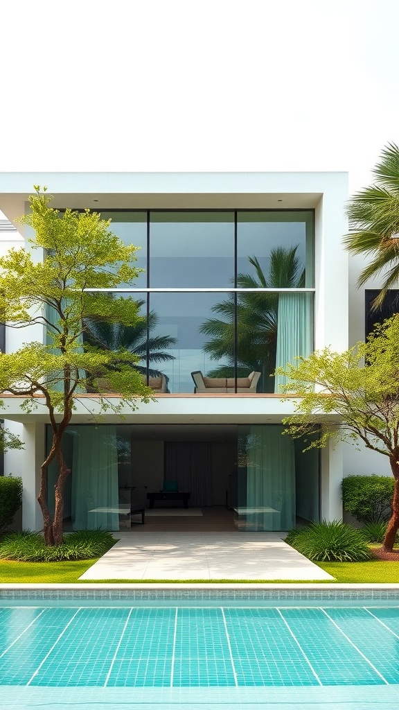 Modern minimalist villa with large glass windows and a pool