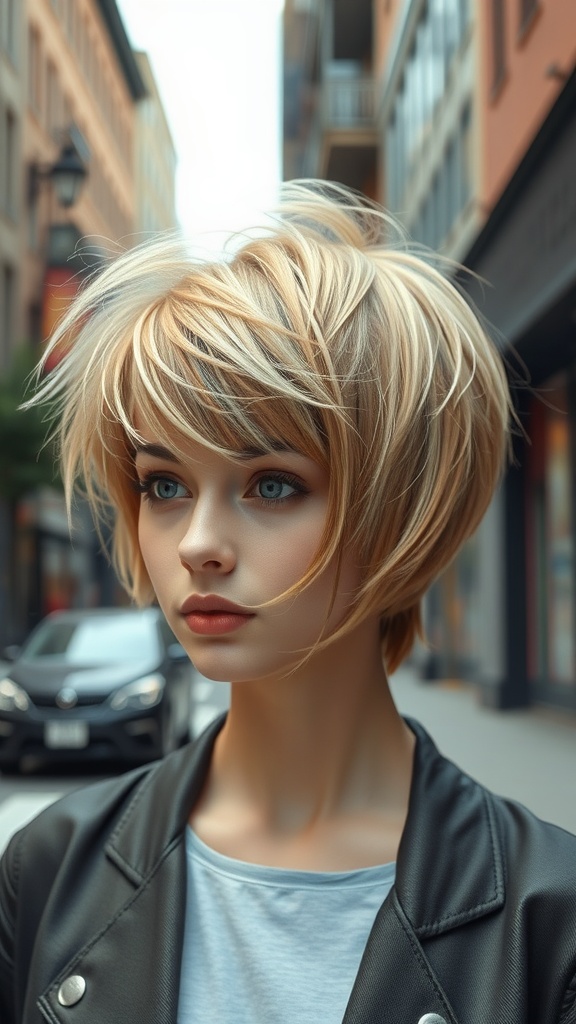 A mannequin with a modern shag haircut featuring bangs, showcasing a stylish and textured look.