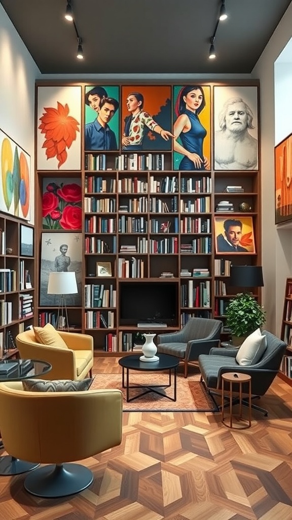 A cozy modern library room featuring bold artwork, bookshelves, and comfortable seating.