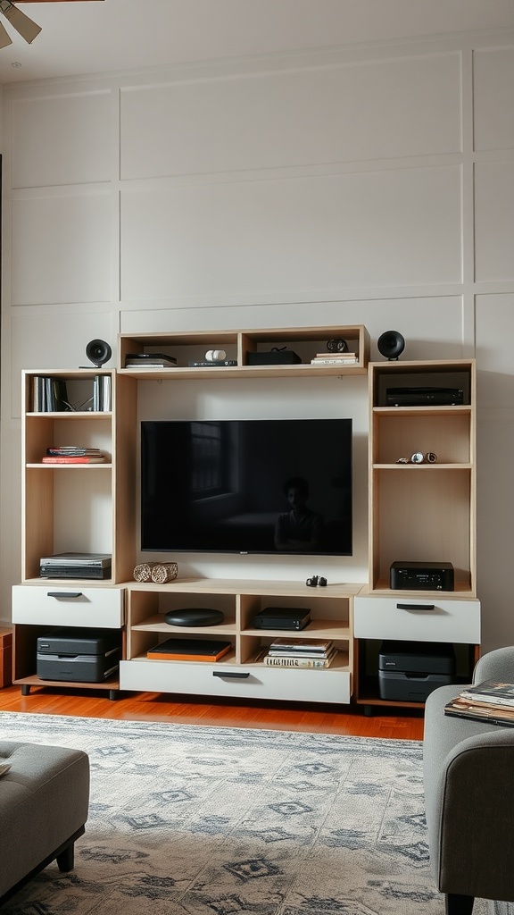 A modern entertainment center featuring modular furniture with open shelves and storage compartments.