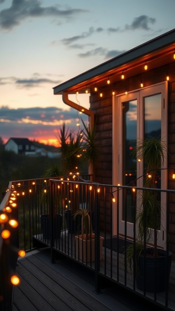 A balcony adorned with string lights, showcasing a sunset in the background.
