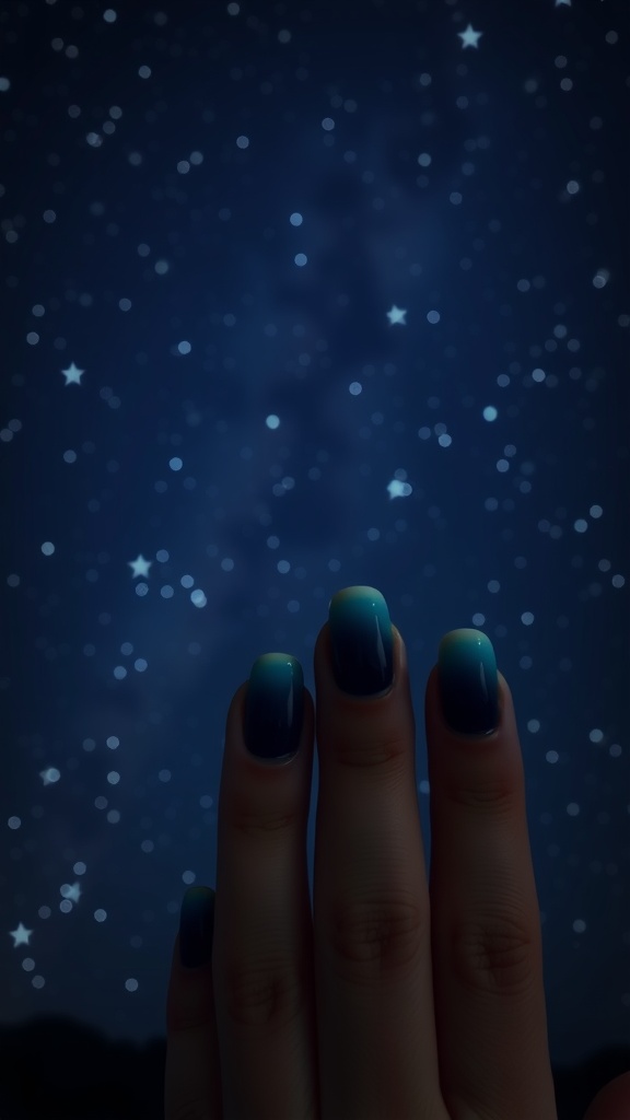 Ombre nails transitioning from midnight blue to sky blue, resembling a night sky with stars.