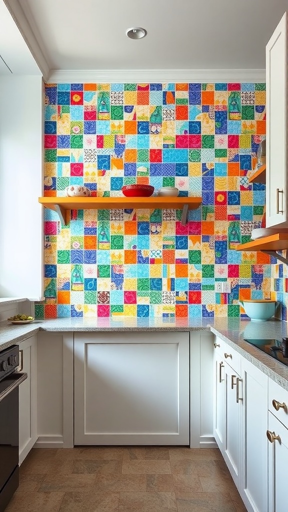 Colorful mosaic tile backsplash in a kitchen