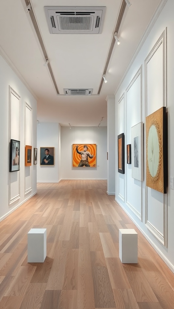 A gallery showcasing vibrant art pieces surrounded by elegant wall moulding.