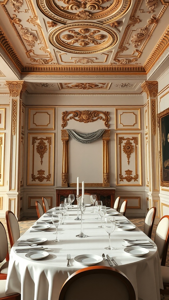 Elegant dining room with decorative wall moulding and a beautifully set table.