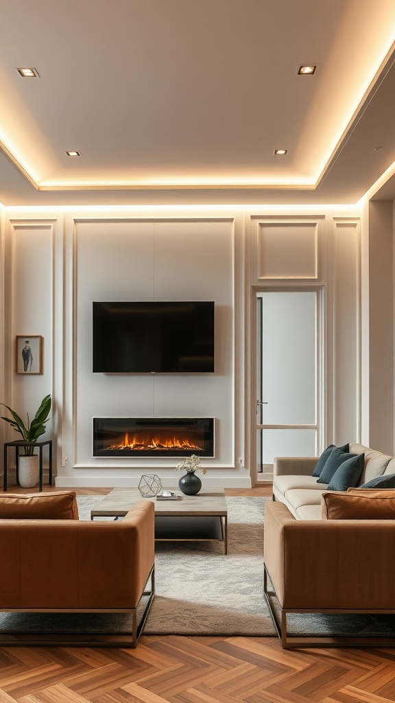 A modern living room featuring wall moulding with integrated lighting, a sleek television, and a cozy fireplace.