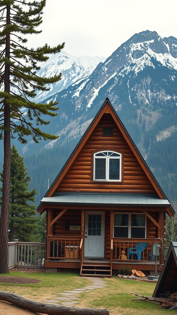 An A-frame cabin nestled in the mountains with a wooden exterior and a cozy porch.