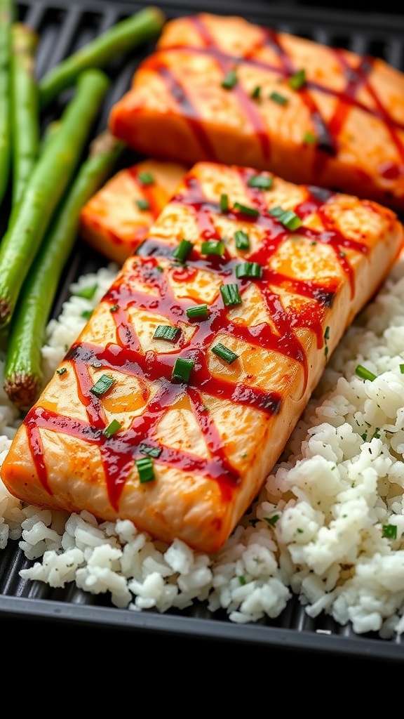 Teriyaki salmon served with rice and green beans, garnished with chopped green onions.