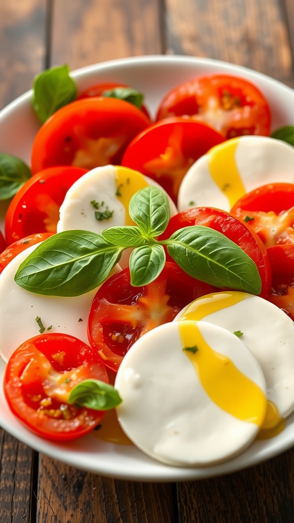 A plate of Mozzarella and Basil Caprese Salad with ripe tomatoes and fresh basil.