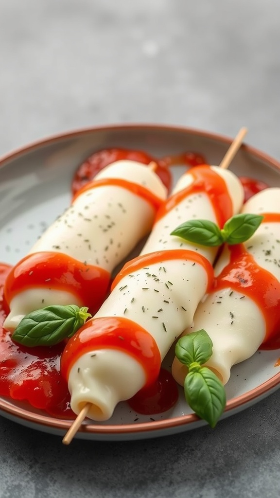 Mozzarella cheese sticks with marinara sauce and basil garnish