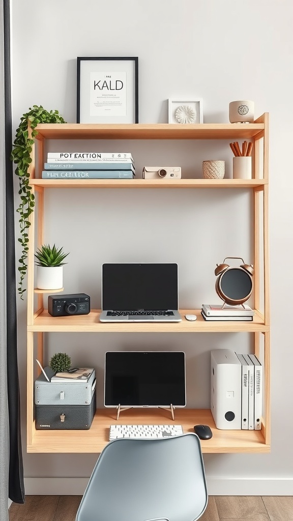 A multi-functional corner shelf featuring a workspace with a laptop and decor items.