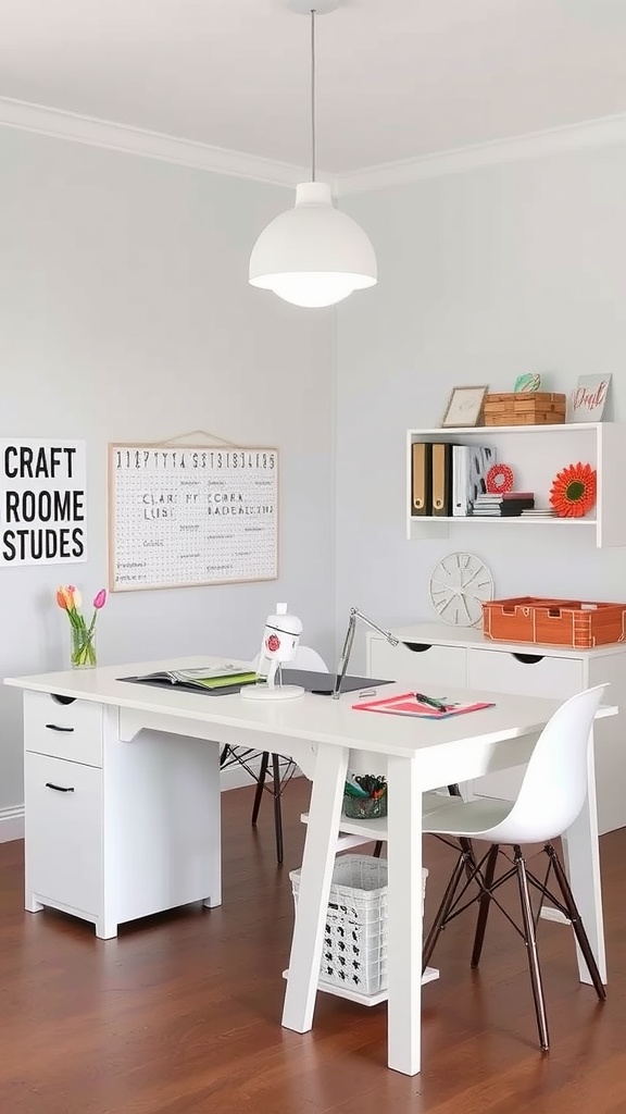 A bright and organized craft room featuring a spacious white craft table, storage options, and decorative elements.