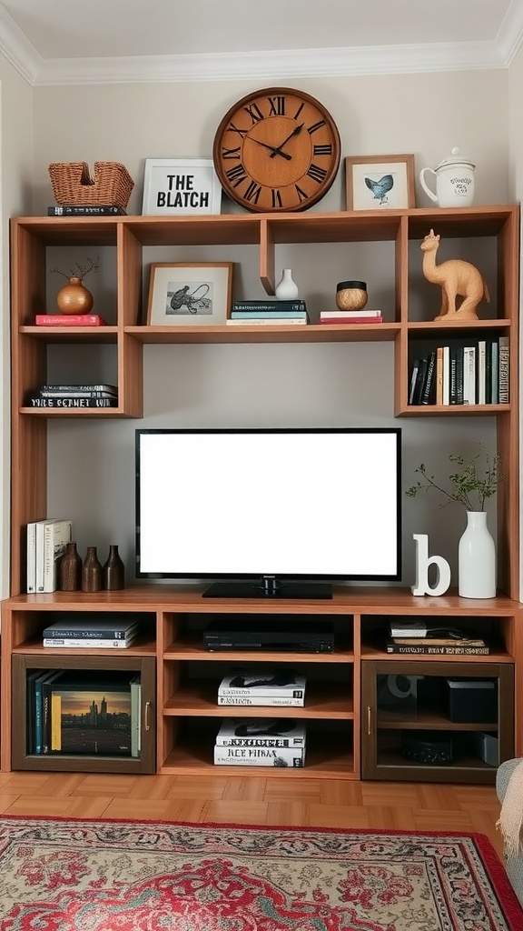 A stylish entertainment center with shelves and a TV, showcasing decorative items and books.