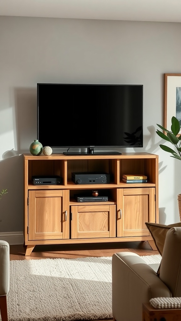 A stylish wooden TV stand with multiple storage compartments, holding a TV and various electronic devices.