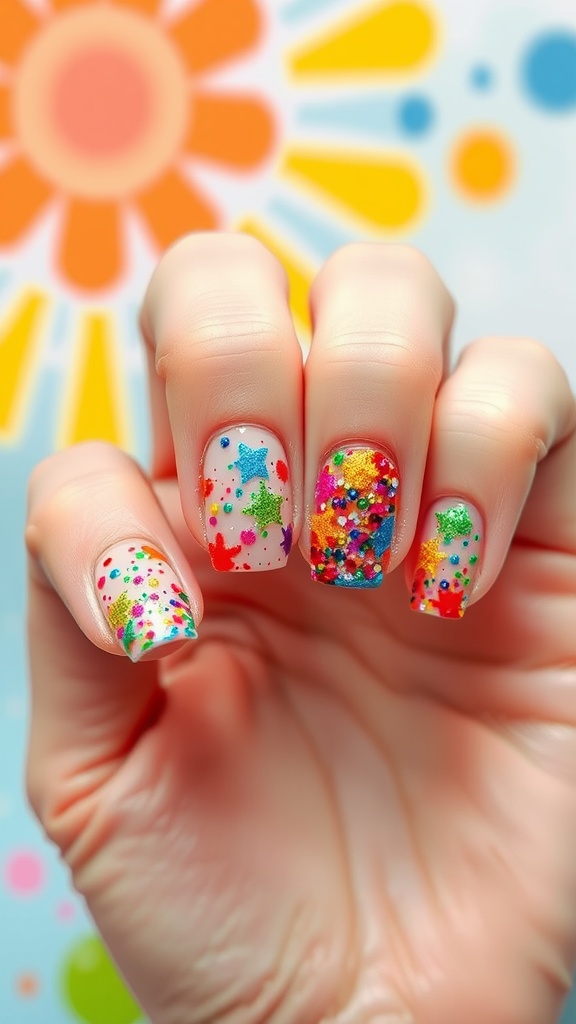 A hand showing multicolored glitter nails with various bright colors and designs.