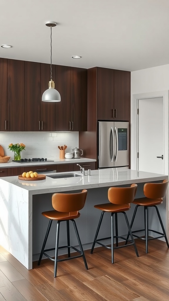 A modern kitchen island with seating and a sink, surrounded by wooden cabinets and appliances.