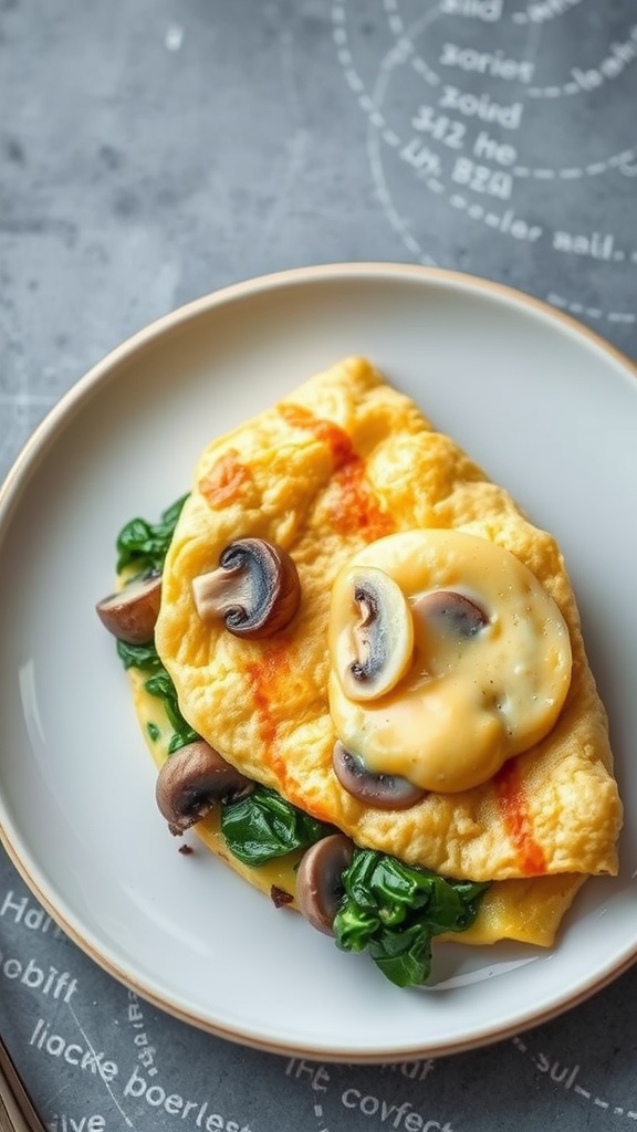 A delicious mushroom and spinach omelette served on a plate