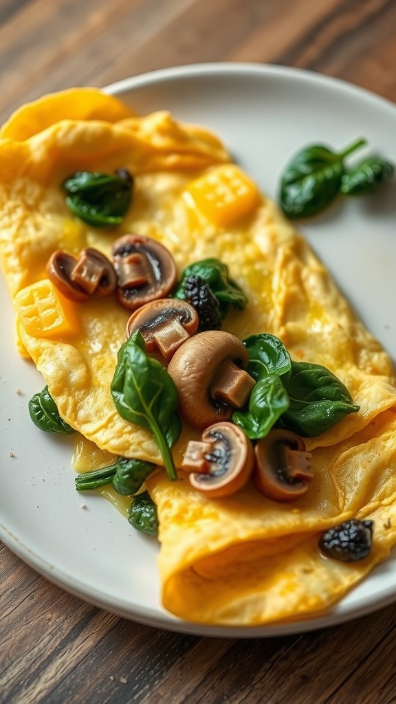 A delicious mushroom and spinach omelette served on a plate.
