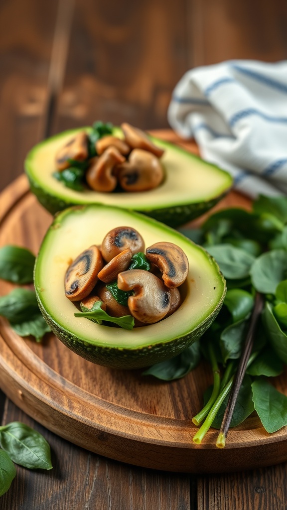Mushroom and spinach stuffed avocados on a wooden platter