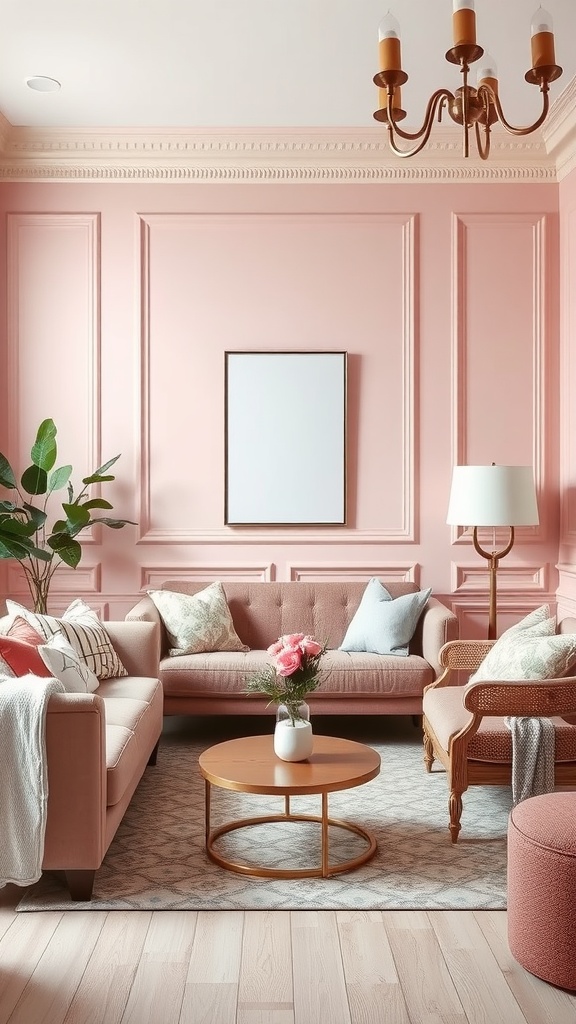 A cozy living room featuring muted blush pink walls, stylish furniture, and decorative plants.
