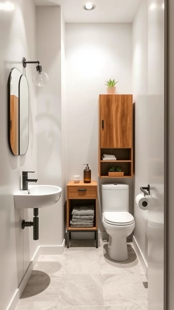 A stylish small bathroom featuring narrow furniture, including a compact sink and cabinet.