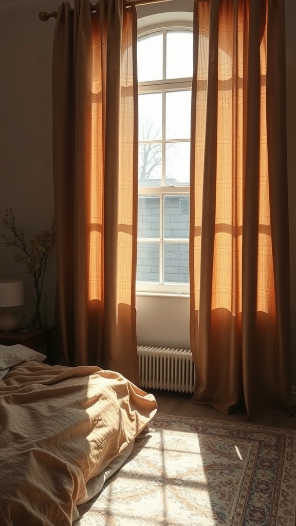 A cozy bedroom with natural fiber curtains allowing soft light to filter through.