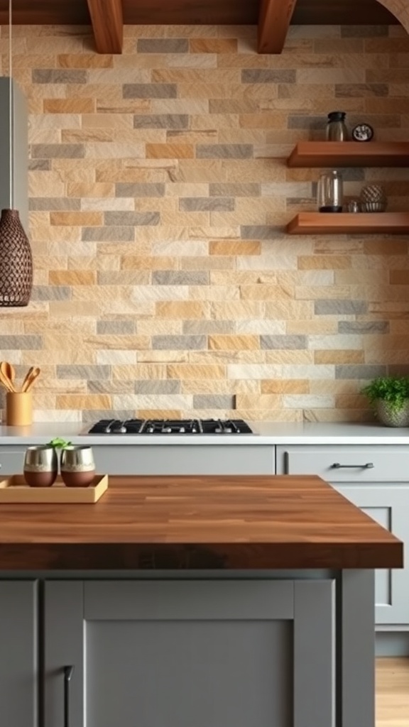 A kitchen with a natural stone textured backsplash featuring warm tones and a wooden countertop.
