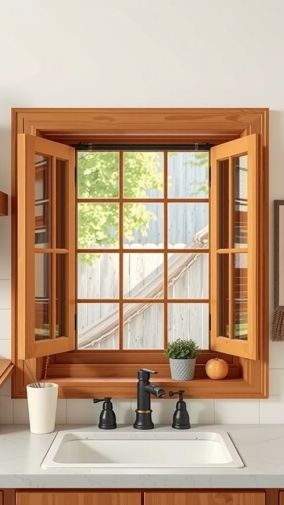 A bright kitchen window with natural wood accents, open to the outdoors, featuring a sink and decorative plants.