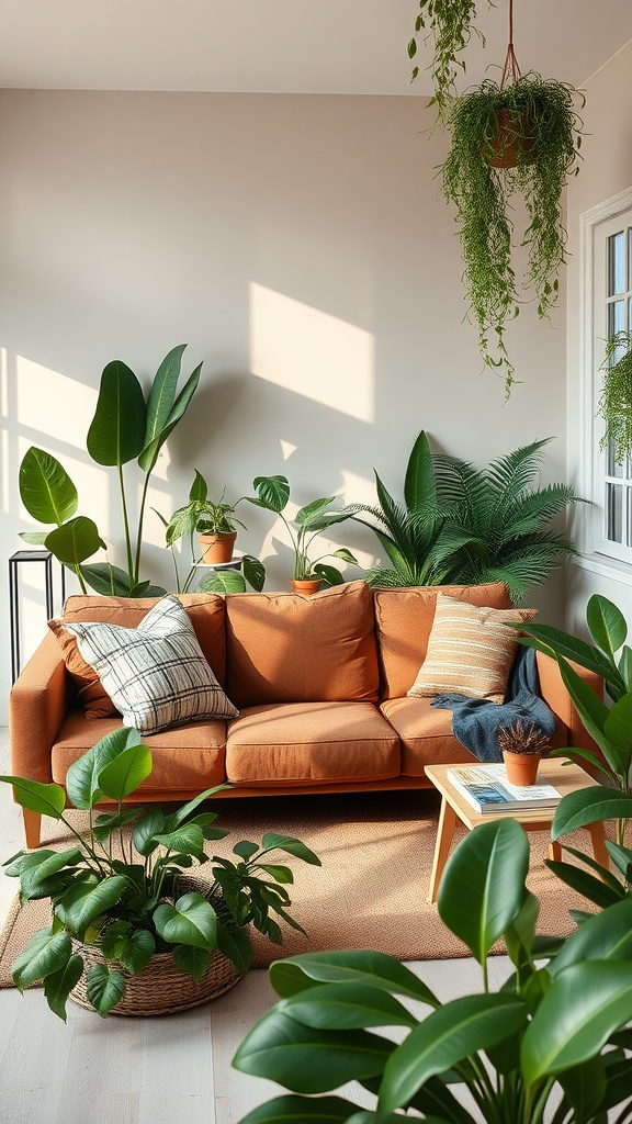 A cozy living room featuring a brown couch surrounded by various indoor plants.