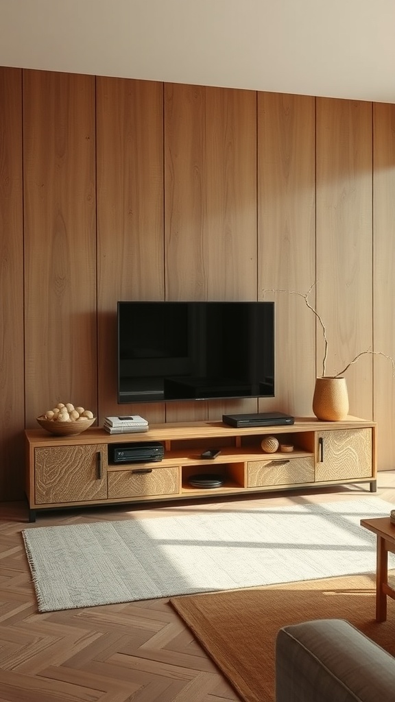 A stylish entertainment center with warm wooden tones and a minimalist design, featuring a TV, decorative items, and natural lighting.