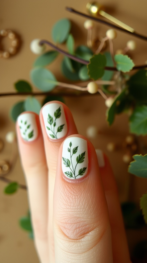 Close-up of short nails with leafy green designs on a light background