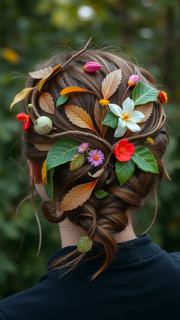 A hairstyle decorated with various colorful flowers and leaves.