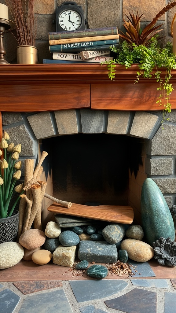 A nature-inspired fireplace decor featuring stones, driftwood, and potted plants.
