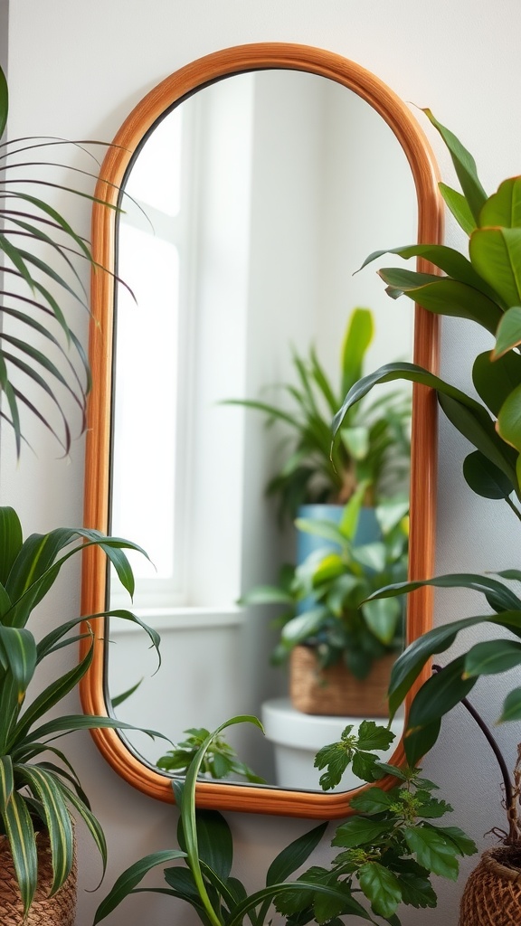 A nature-inspired wall mirror surrounded by various indoor plants.