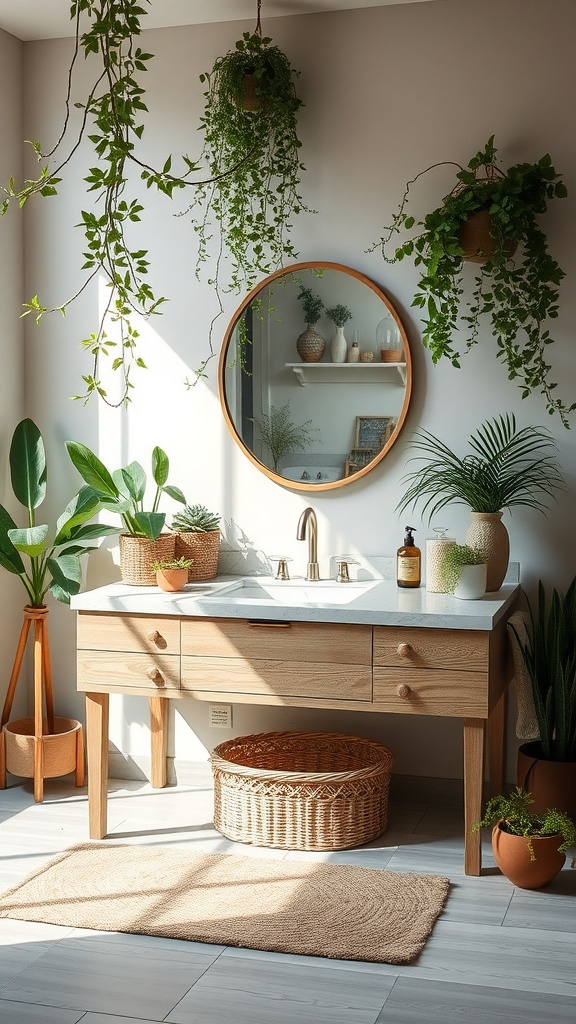 A nature-inspired vanity with greenery, featuring a wooden vanity, hanging plants, and a round mirror.