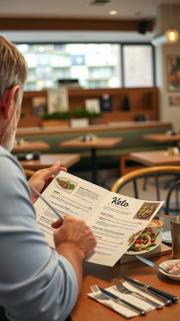 A man reviewing a menu in a restaurant that highlights keto options.