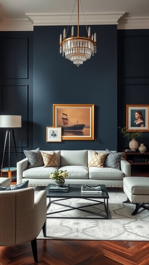 A stylish living room featuring navy blue walls, a light-colored sofa, and elegant decor.