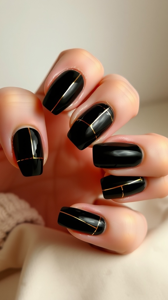 Black nails with gold lines in a negative space design.